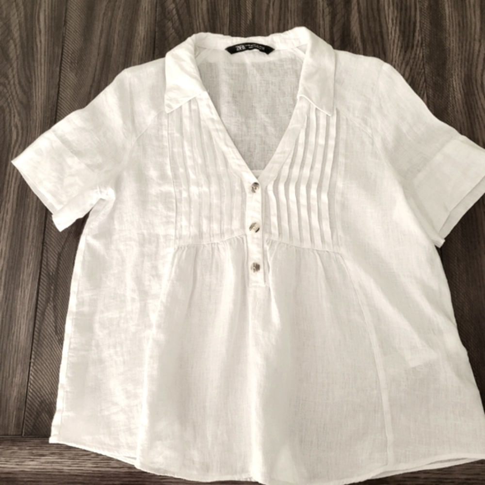 ZARA 100% Linen Top White Pleated Front V-Neck Relaxed Size See Measurements